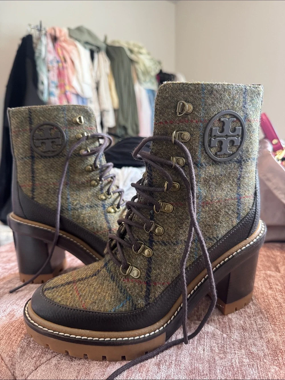 TORY BURCH Tweed Lace-Up Block Heel Ankle Boots - Olive Plaid - Picture 1 of 10
